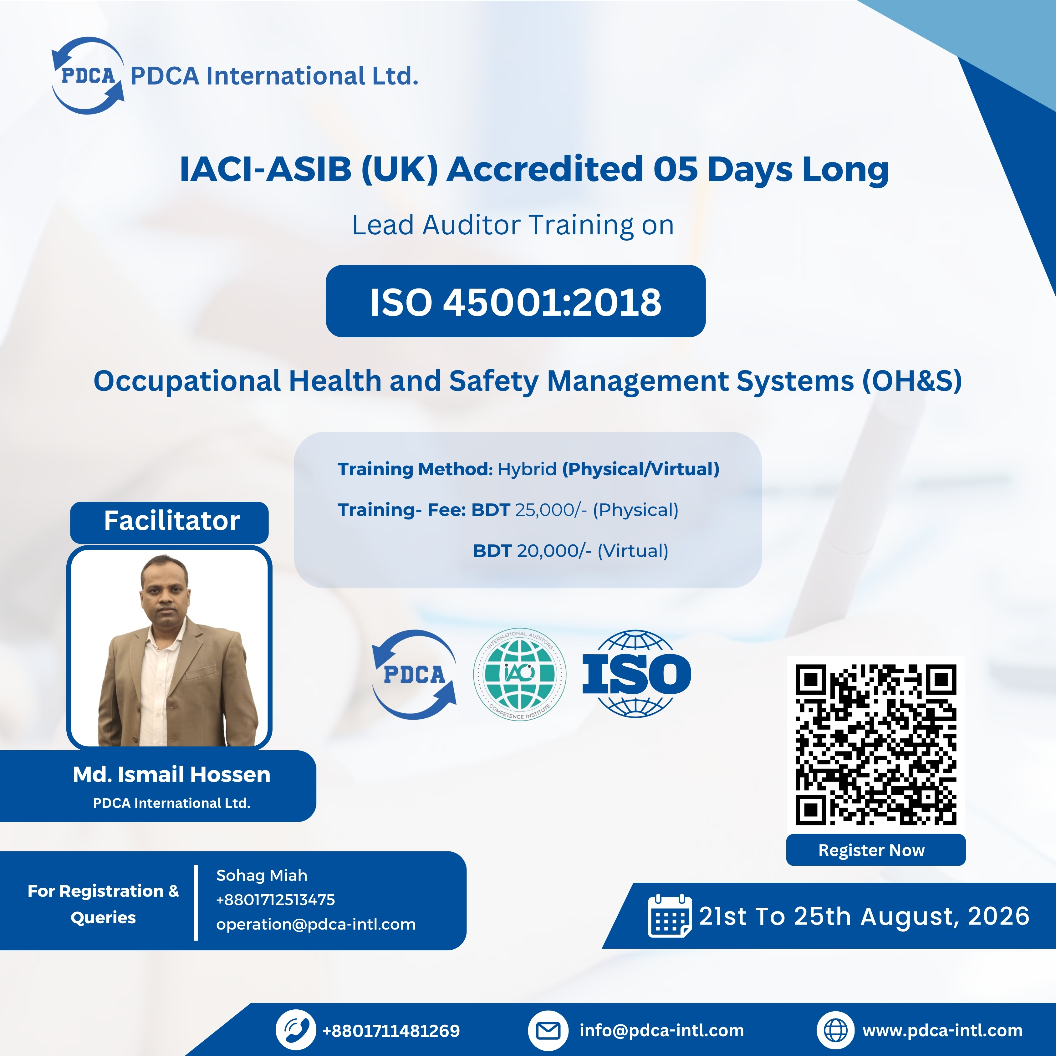 5 Days Long Lead Auditor Training on ISO 45001:2018 (OHS)